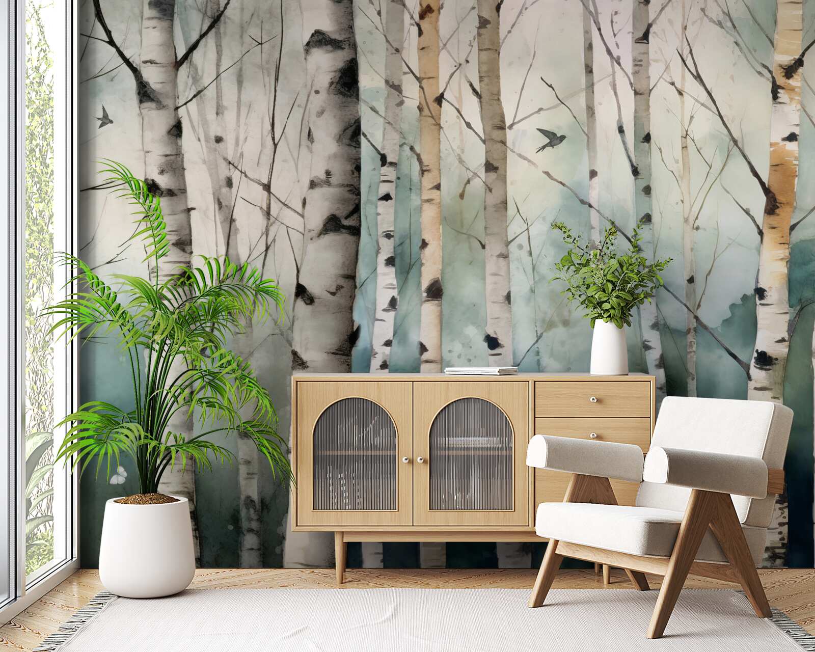 Fototapeta akvarel s vyobrazením štíhleho brezového hája