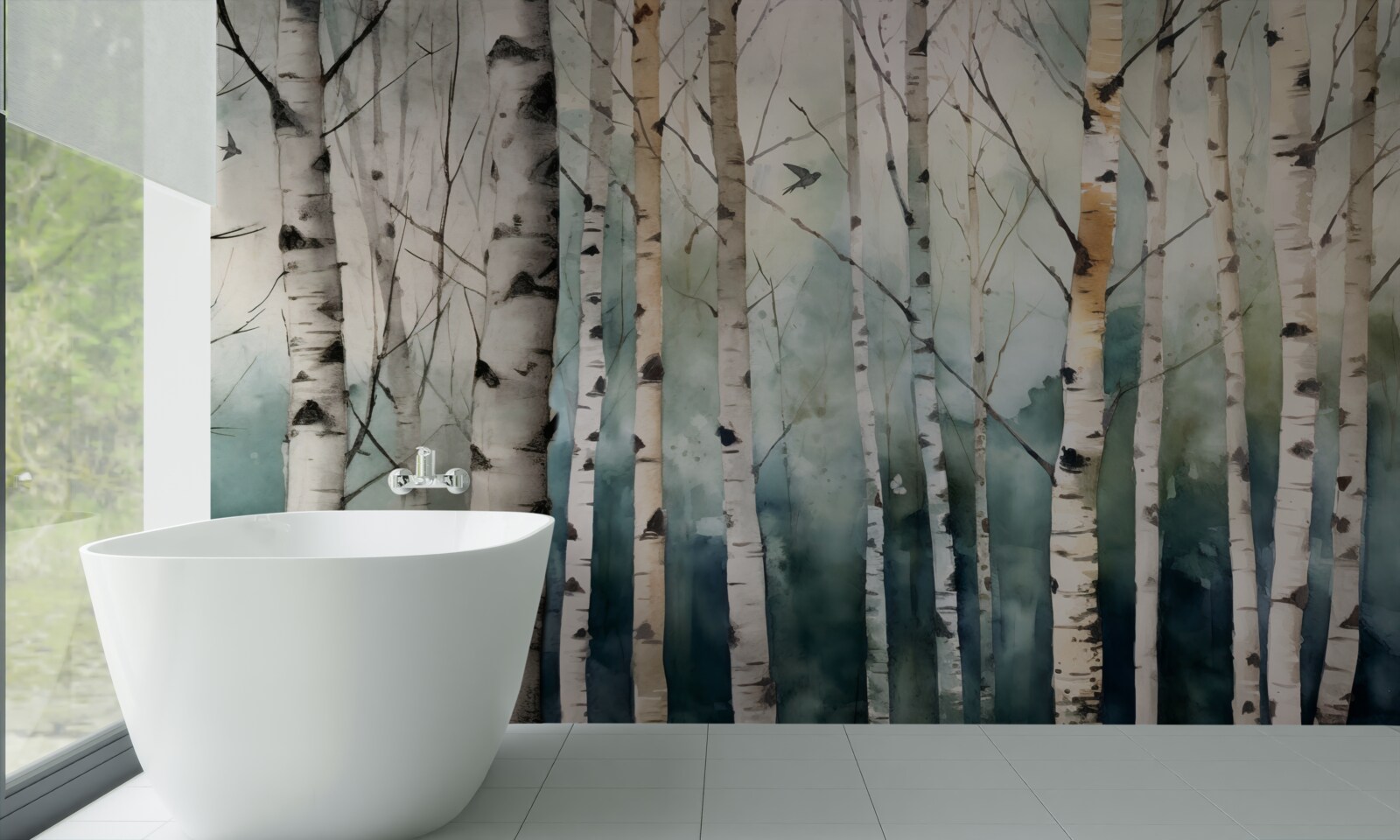 Fototapeta akvarel s vyobrazením štíhleho brezového hája