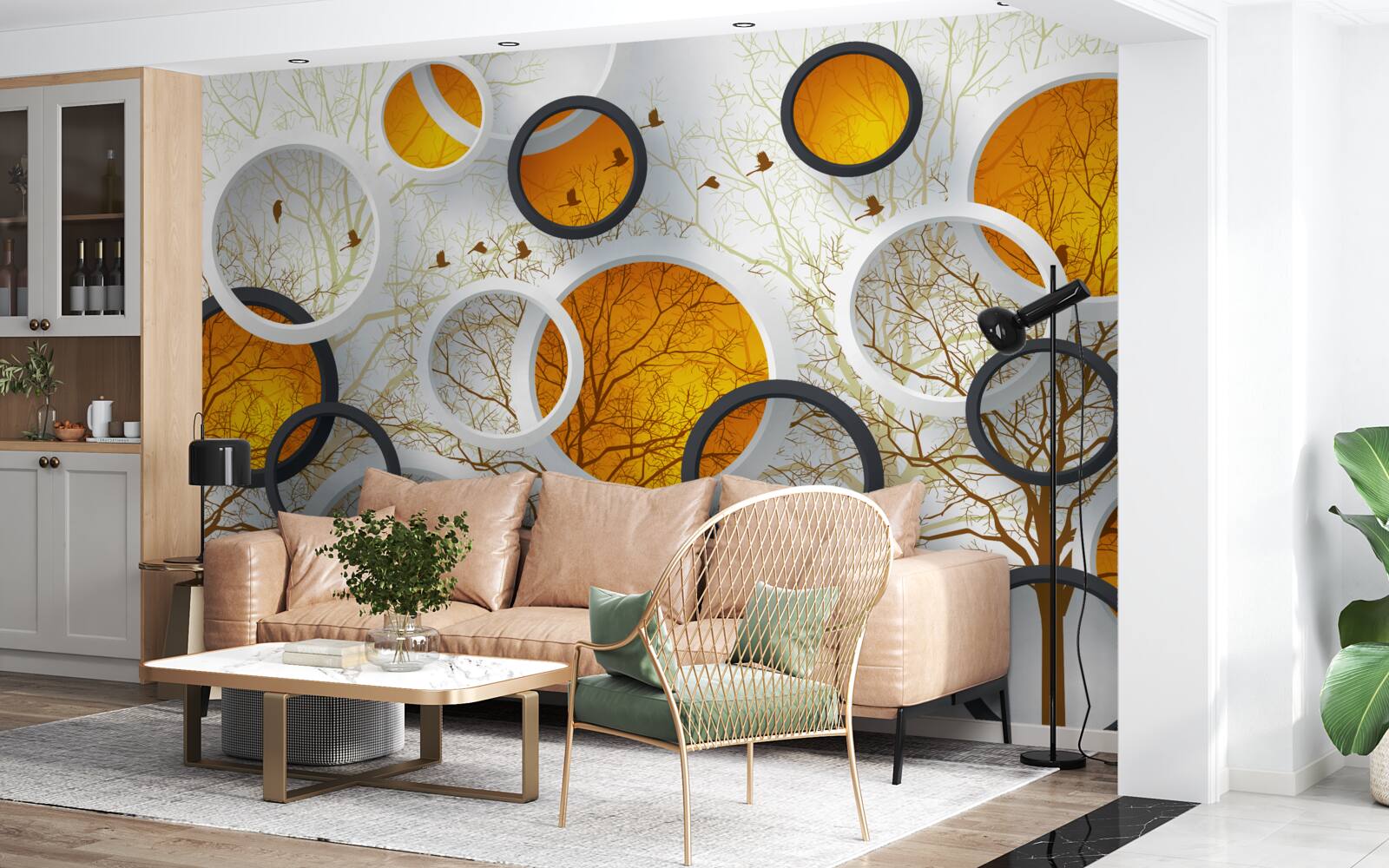 Fototapeta stromy na jeseň a snehobiele kruhy s jantárom