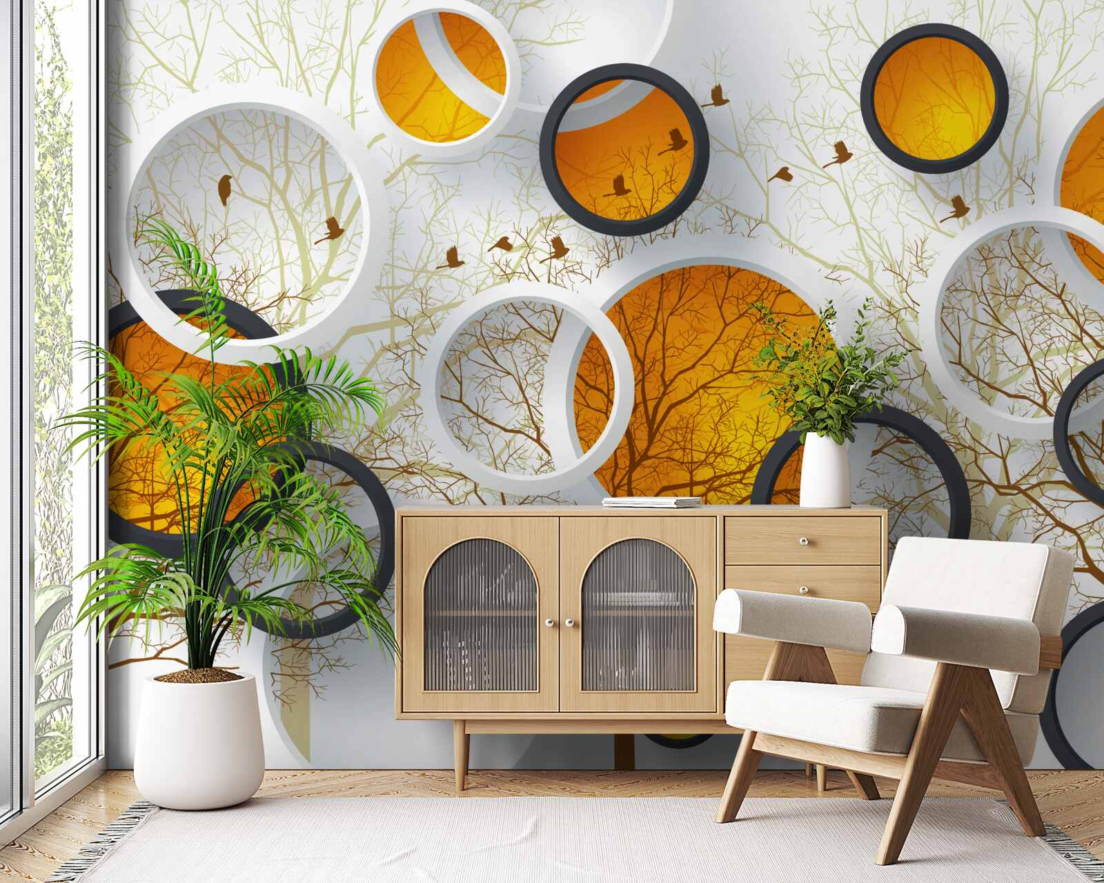 Fototapeta stromy na jeseň a snehobiele kruhy s jantárom