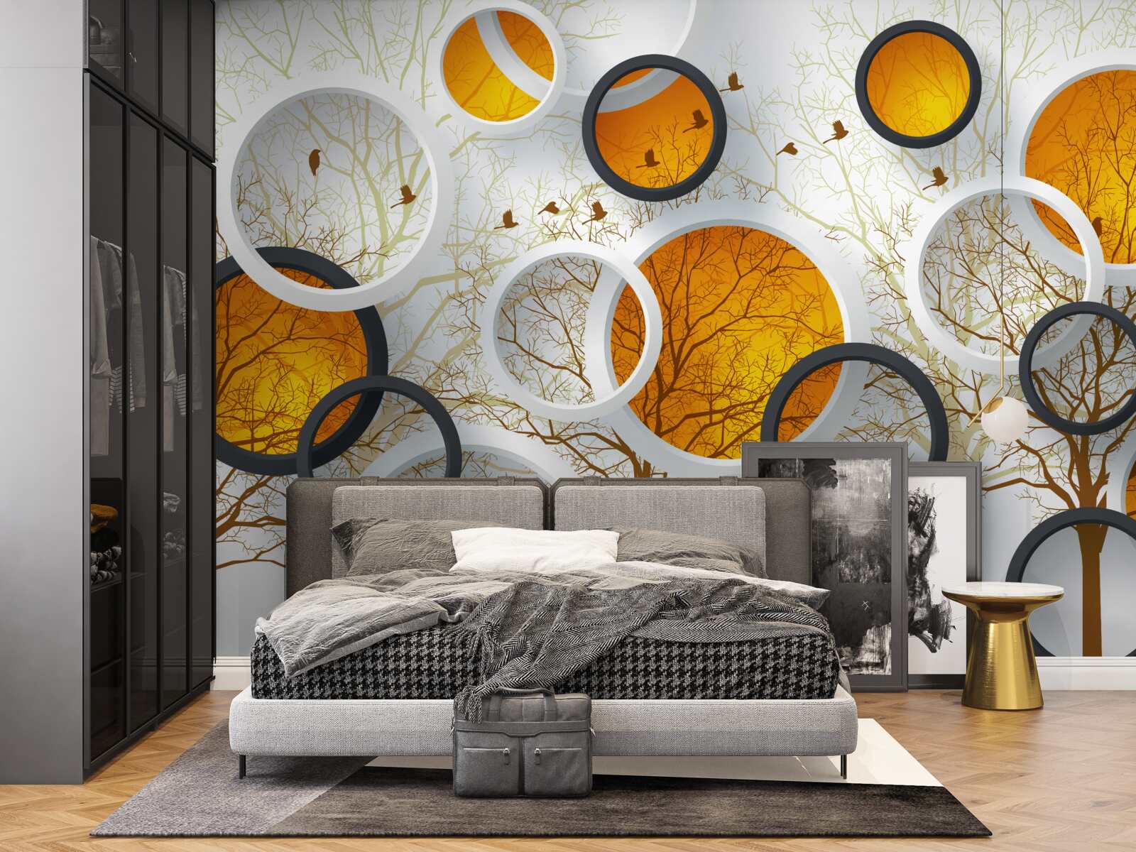 Fototapeta stromy na jeseň a snehobiele kruhy s jantárom