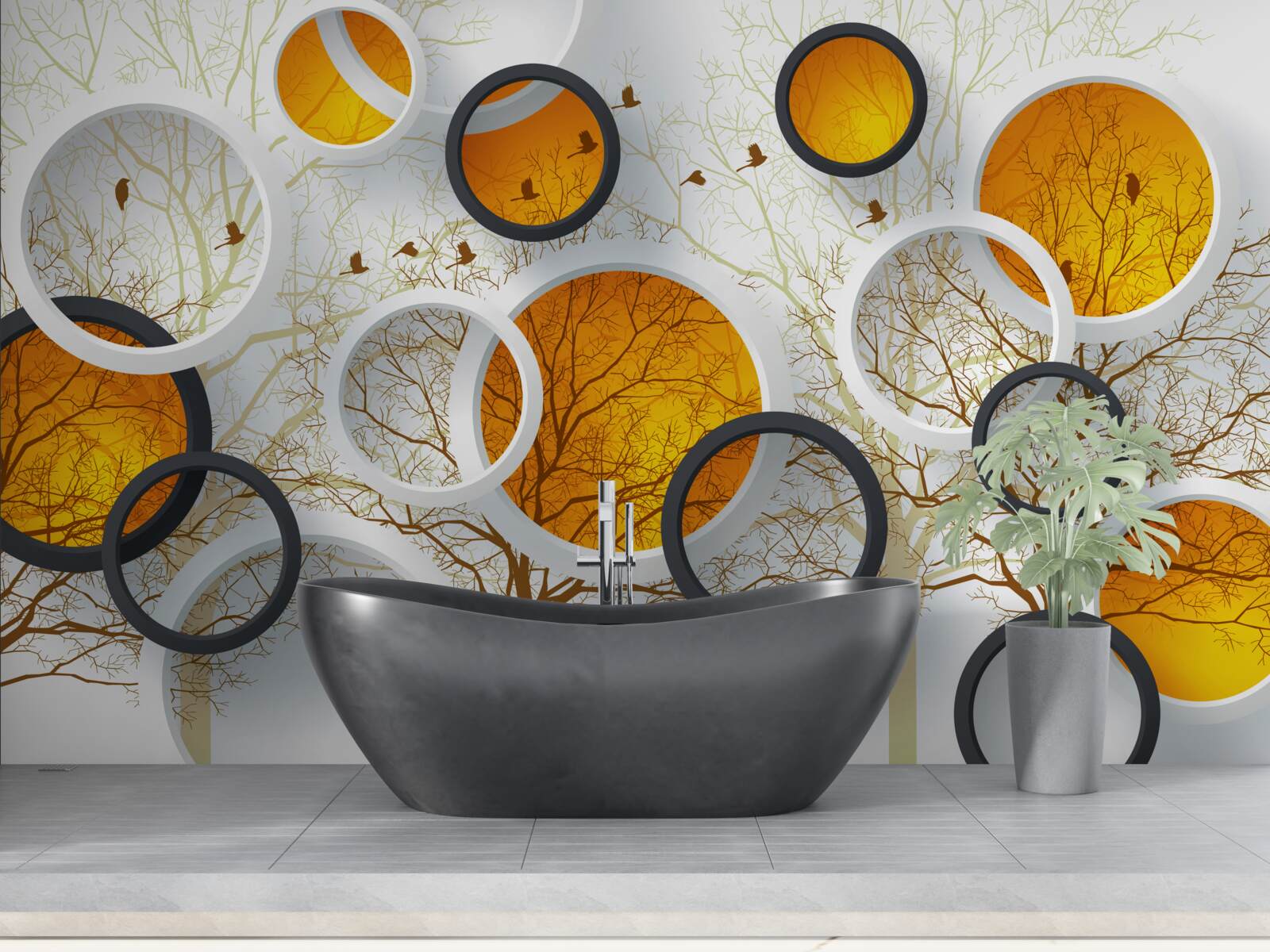 Fototapeta stromy na jeseň a snehobiele kruhy s jantárom