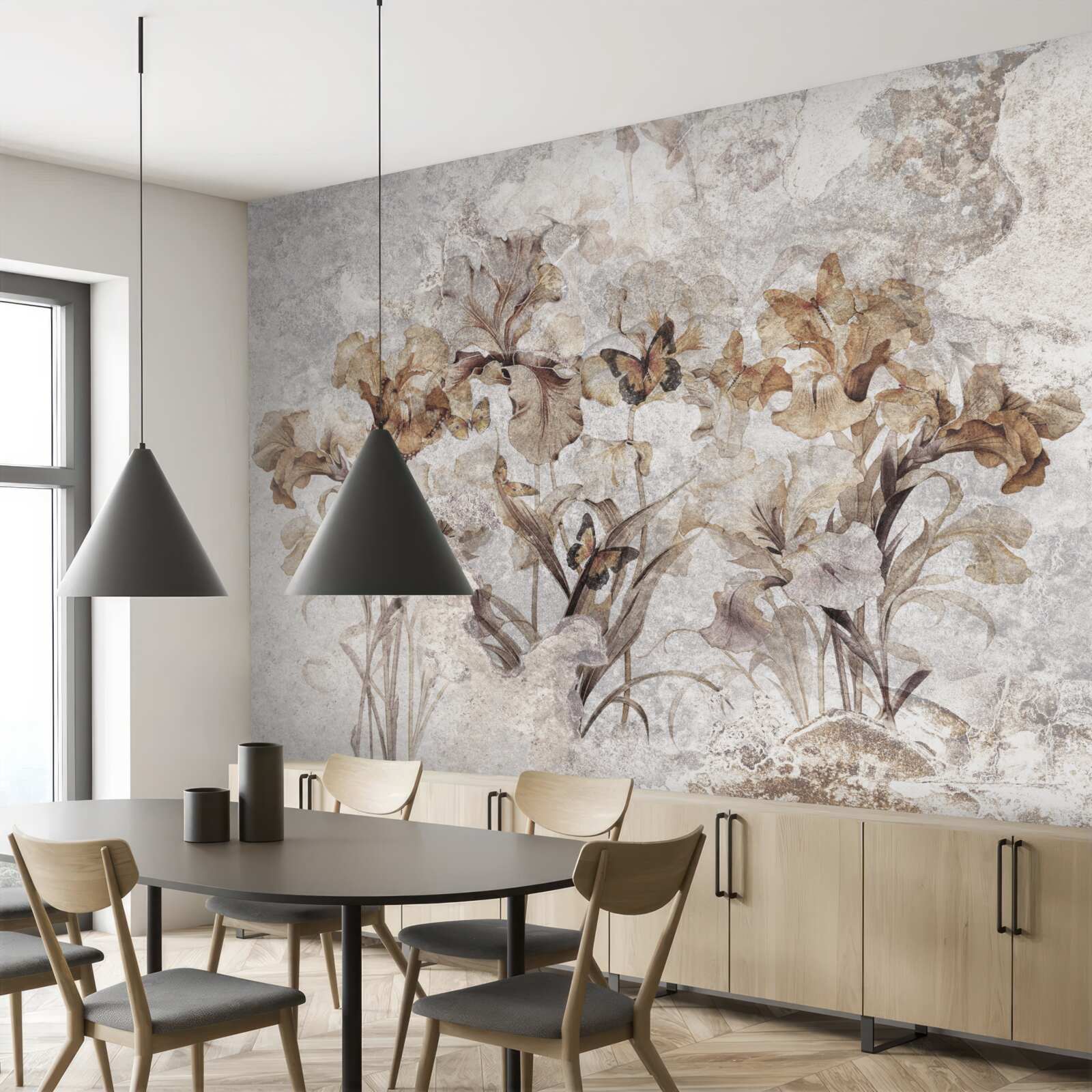 Fototapeta jesenné lístie skryté v hmle a motýle