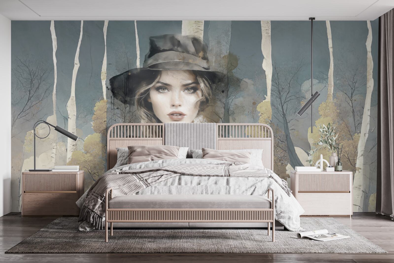 Fototapeta abstraktné dievča v lese s klobúkom