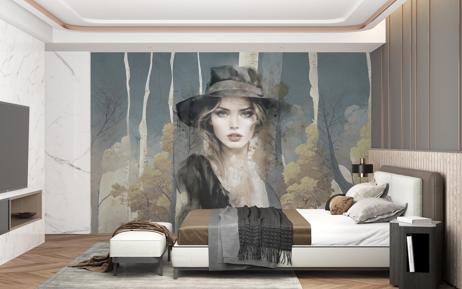Fototapeta abstraktné dievča v lese s klobúkom