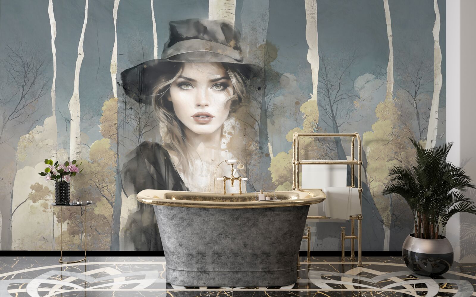 Fototapeta abstraktné dievča v lese s klobúkom