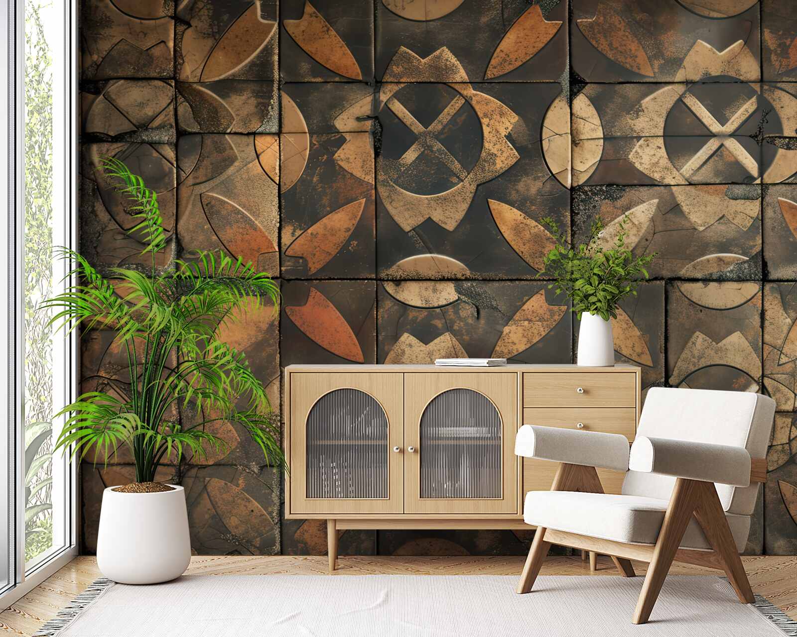 Fototapeta geometrická kompozícia s listovými prvkami