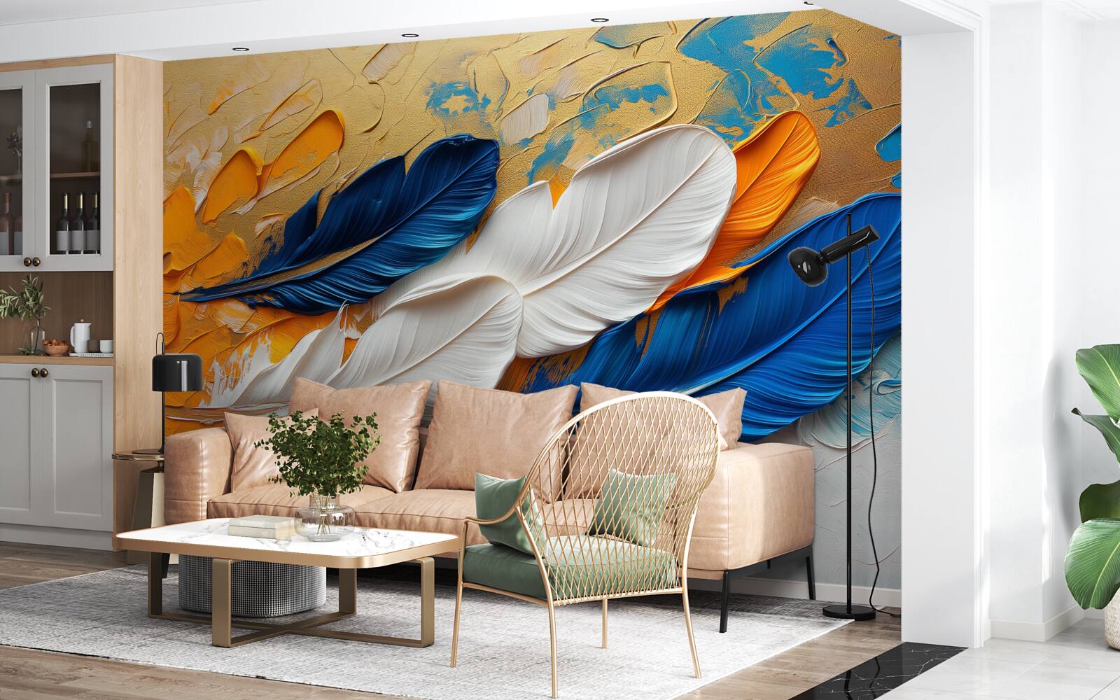 Fototapeta farba s bielym a modrým perím