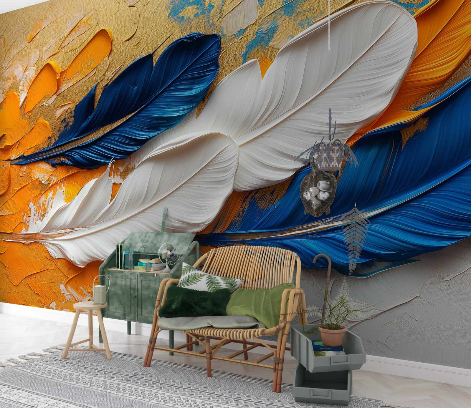 Fototapeta farba s bielym a modrým perím