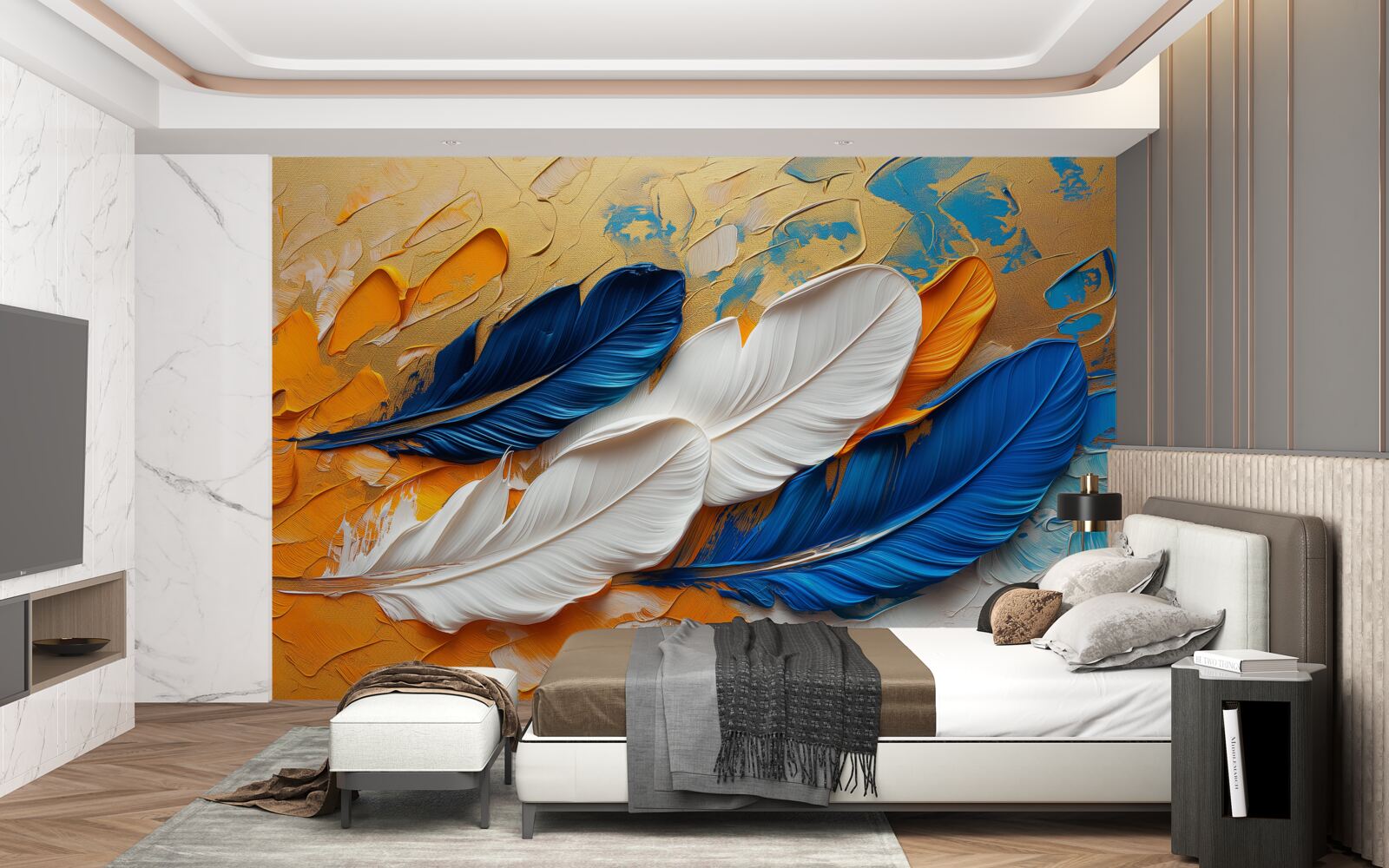 Fototapeta farba s bielym a modrým perím