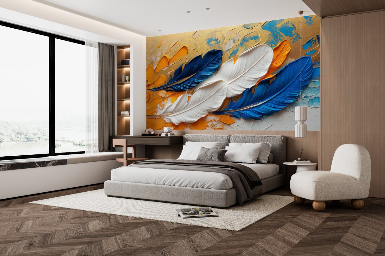 Fototapeta farba s bielym a modrým perím