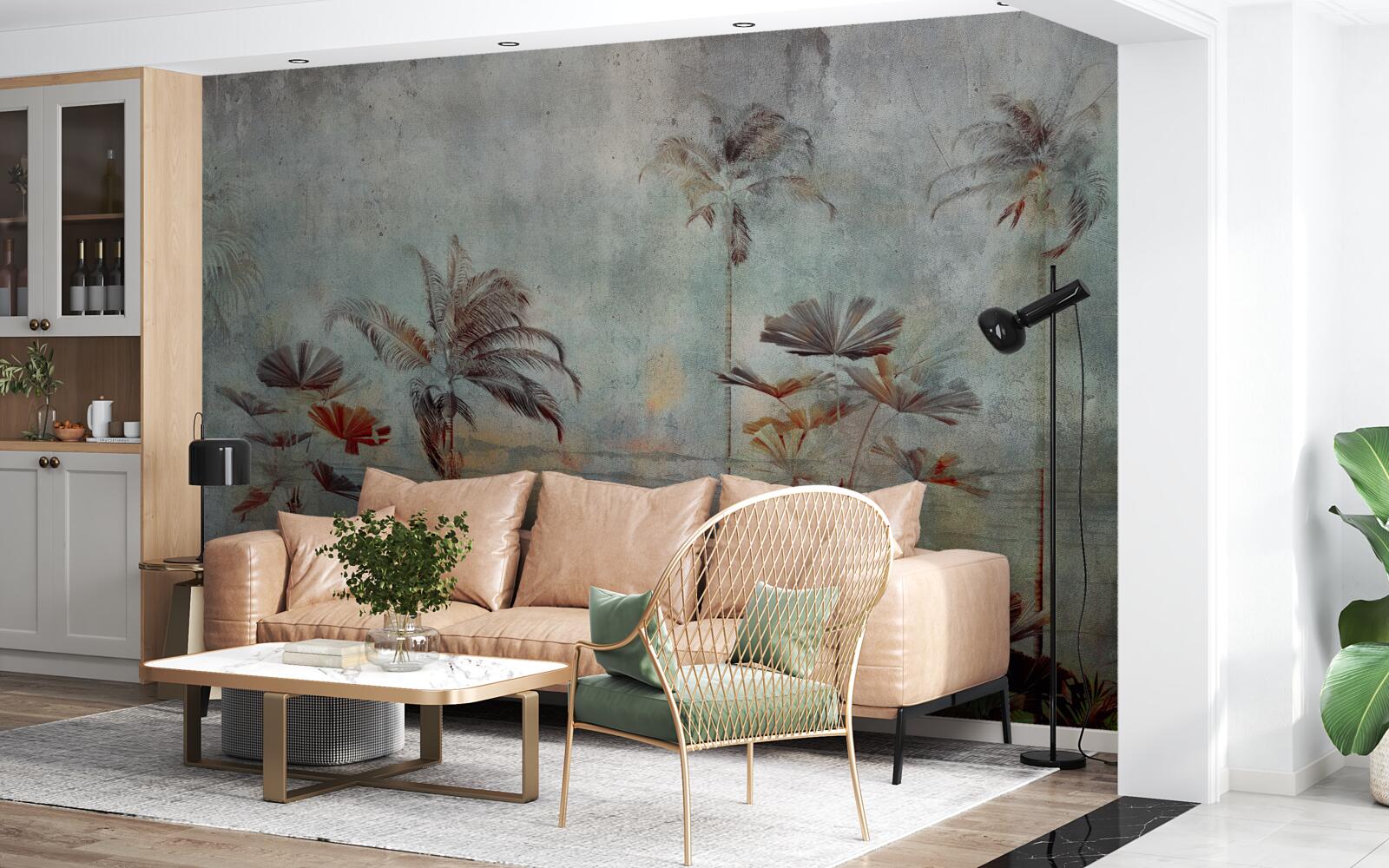 Fototapeta palmy sa hojdajú na brehu