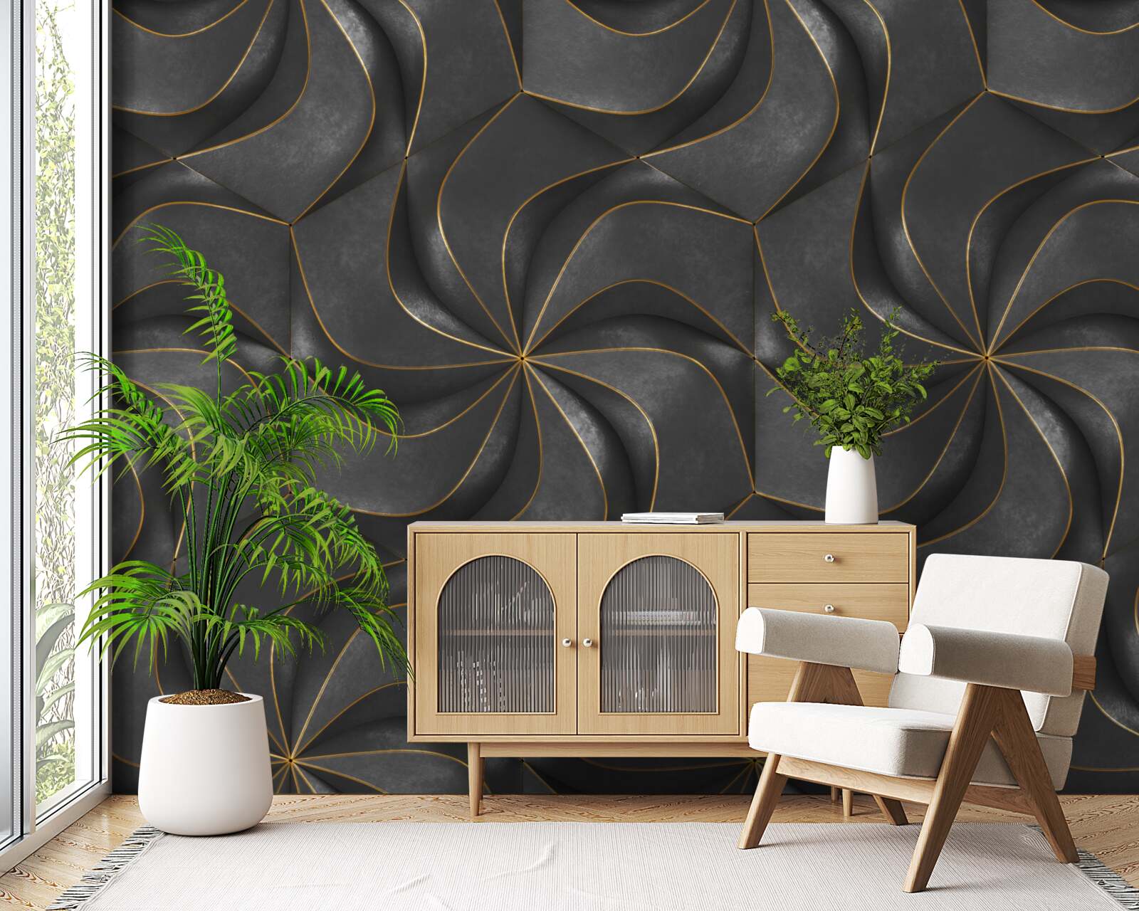 Fototapeta tmavé 3D vzory so zlatými akcentmi