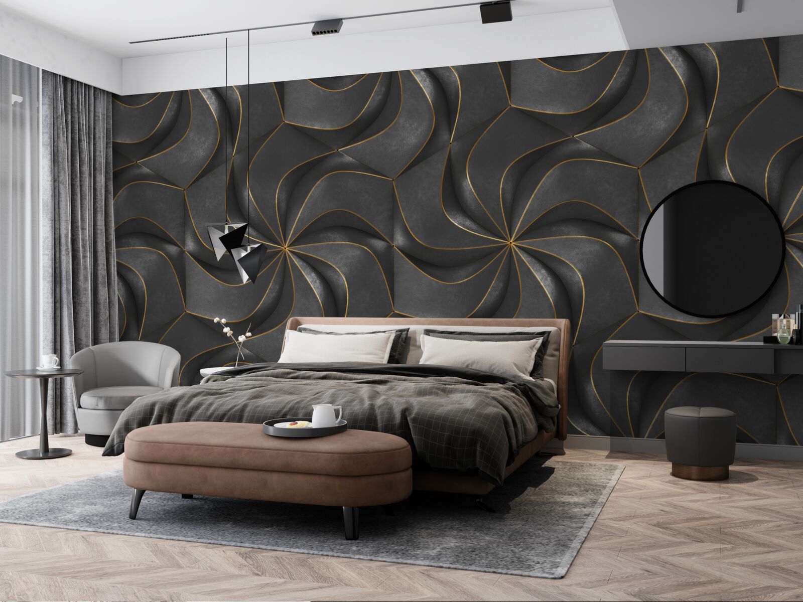 Fototapeta tmavé 3D vzory so zlatými akcentmi