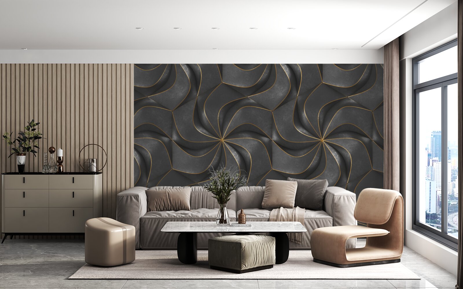 Fototapeta tmavé 3D vzory so zlatými akcentmi