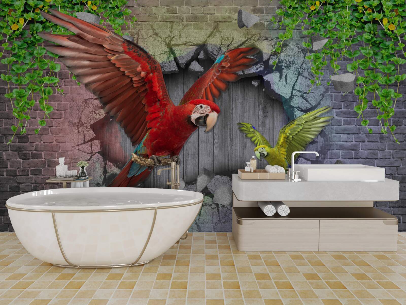 Fototapeta papagáje prechádzajú cez stenu