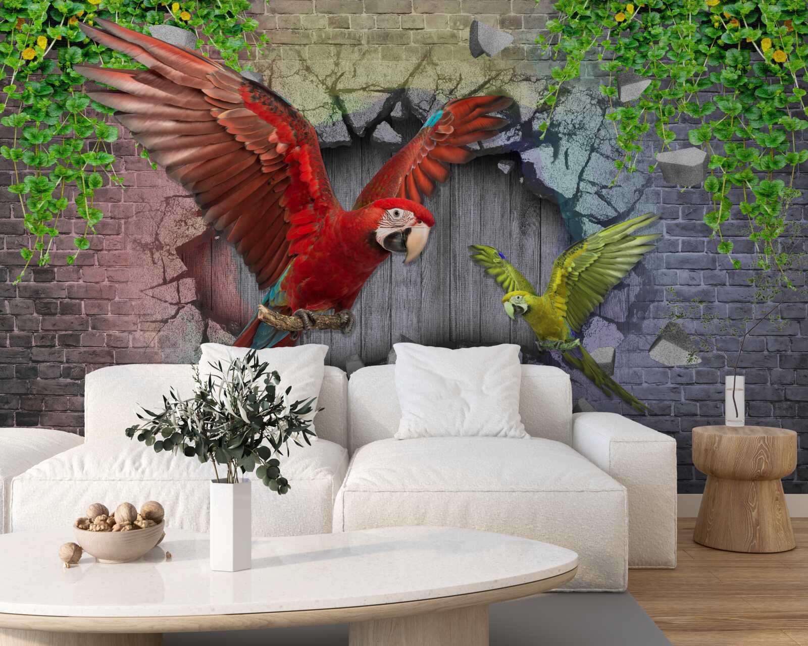 Fototapeta papagáje prechádzajú cez stenu