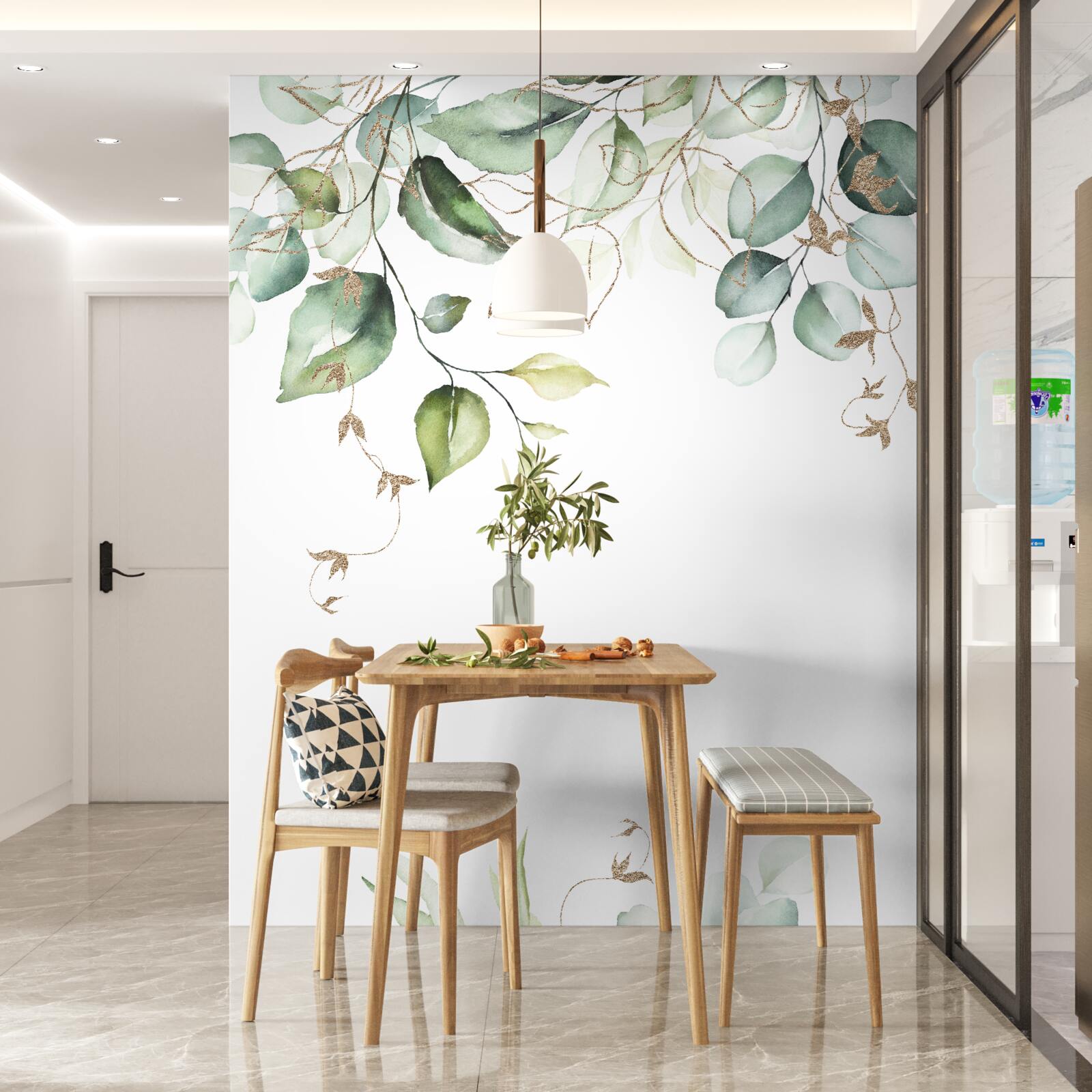 Fototapeta akvarel so zelenými listami na bielom pozadí