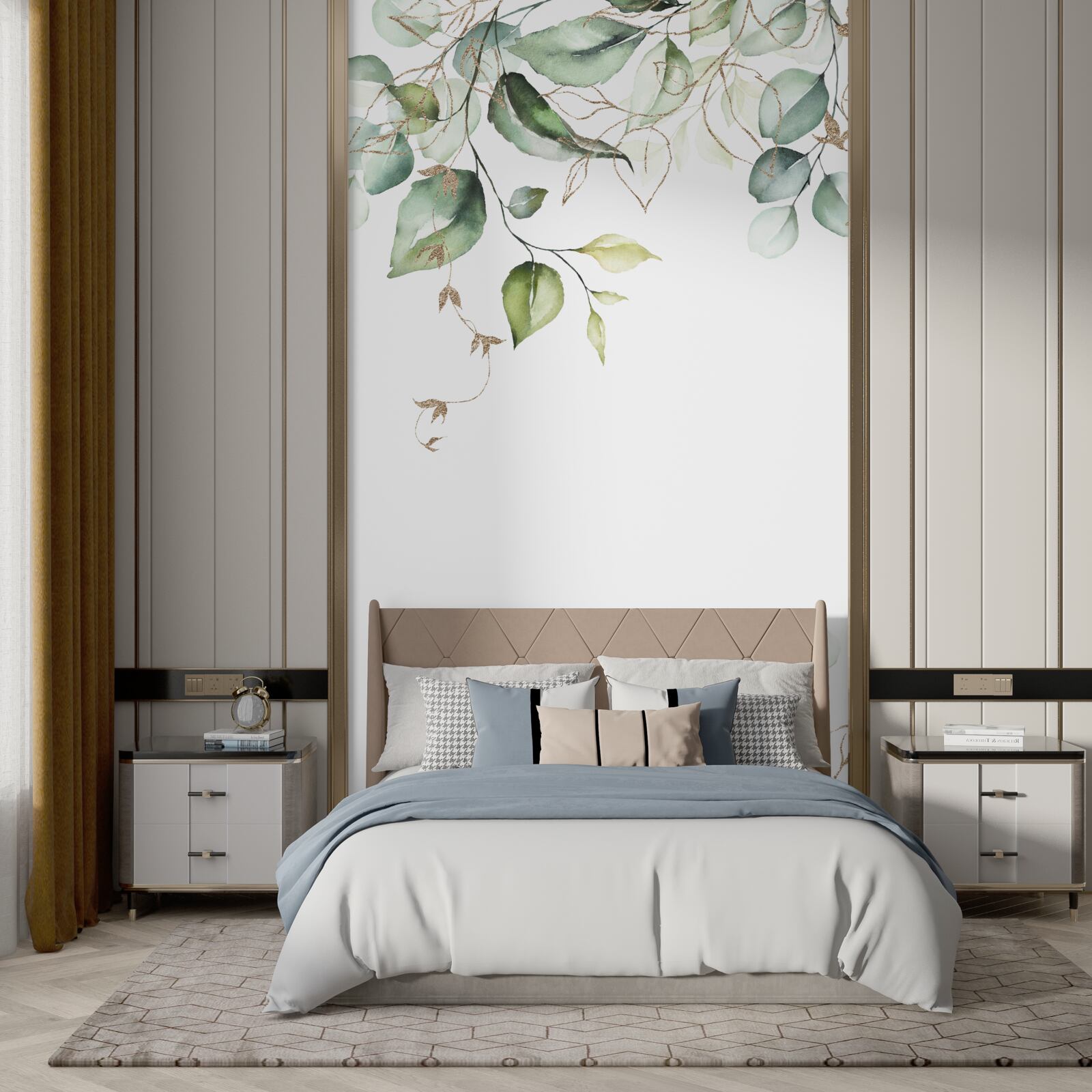 Fototapeta akvarel so zelenými listami na bielom pozadí