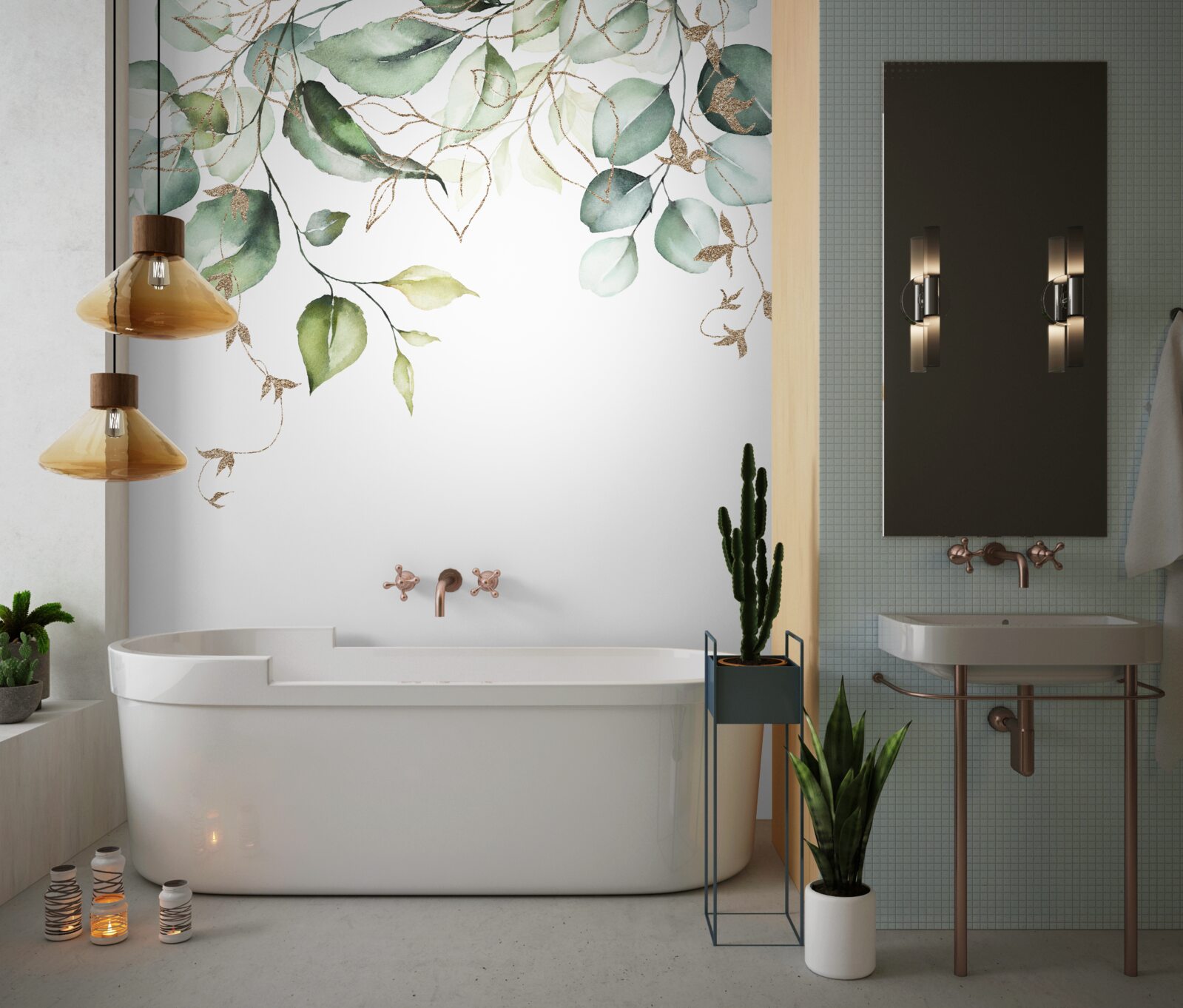 Fototapeta akvarel so zelenými listami na bielom pozadí