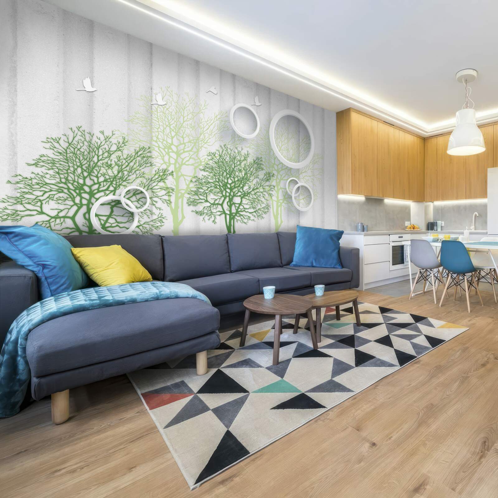 Fototapeta štíhle stromy so zelenými listami a snehovo bielymi kruhmi