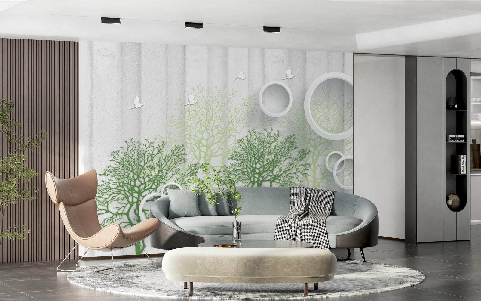 Fototapeta štíhle stromy so zelenými listami a snehovo bielymi kruhmi