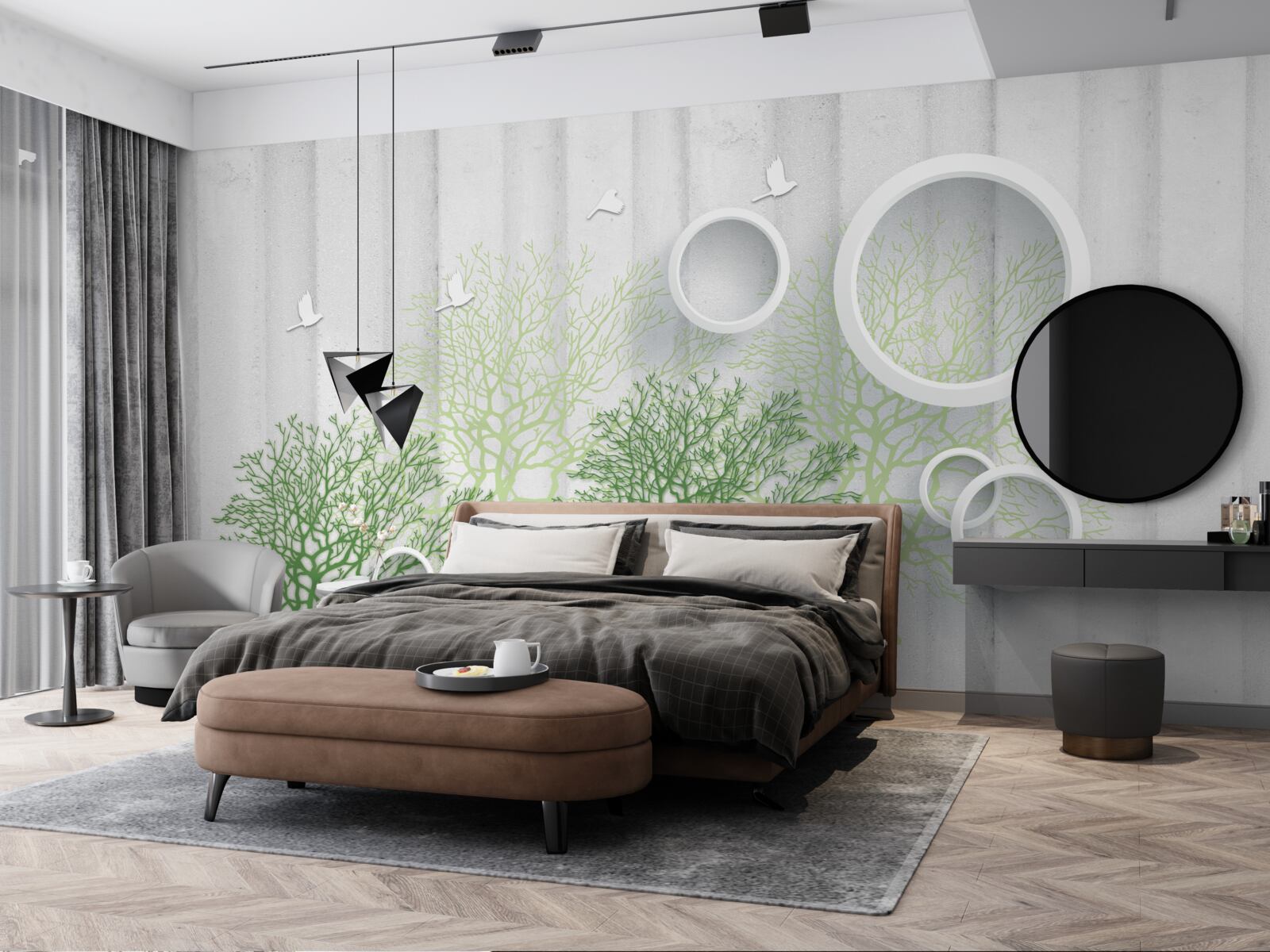 Fototapeta štíhle stromy so zelenými listami a snehovo bielymi kruhmi