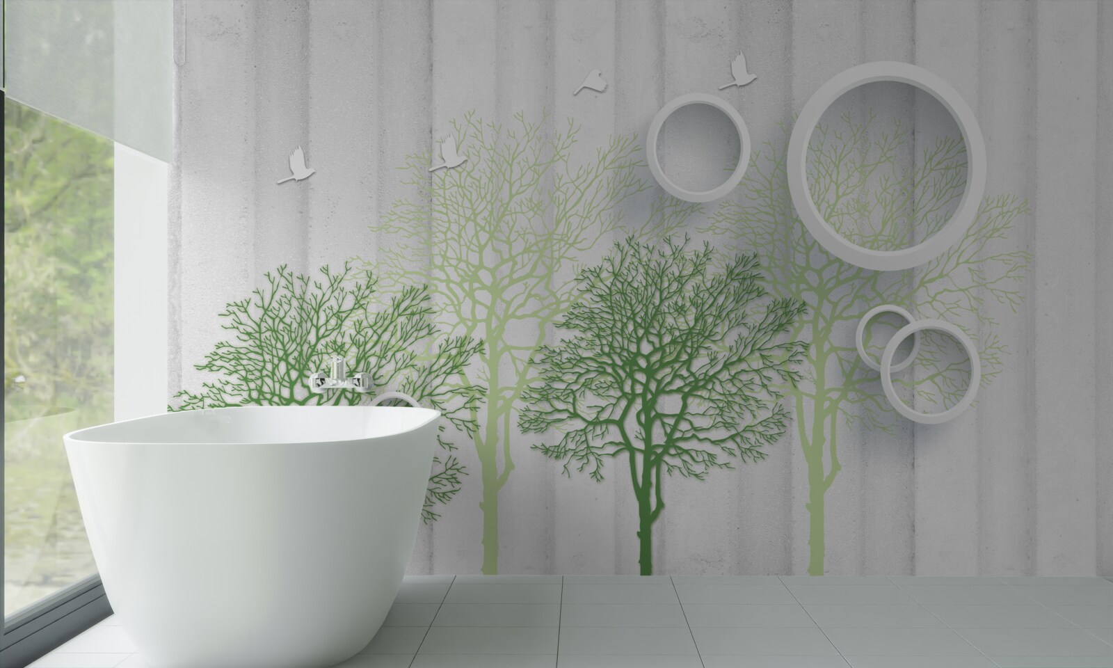 Fototapeta štíhle stromy so zelenými listami a snehovo bielymi kruhmi