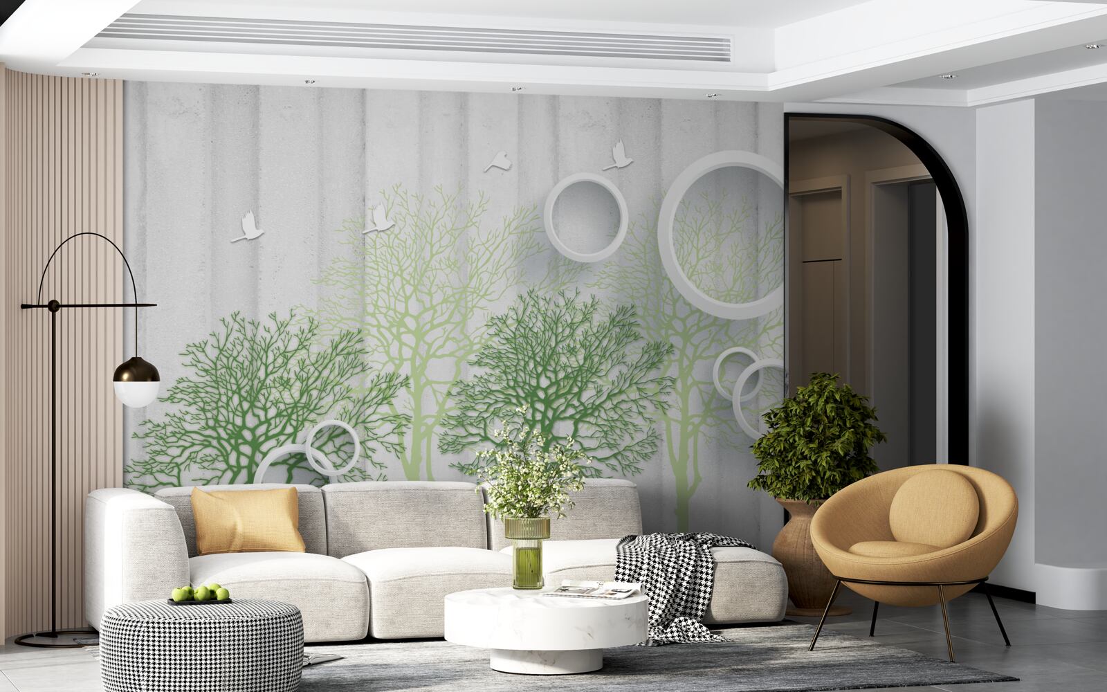 Fototapeta štíhle stromy so zelenými listami a snehovo bielymi kruhmi