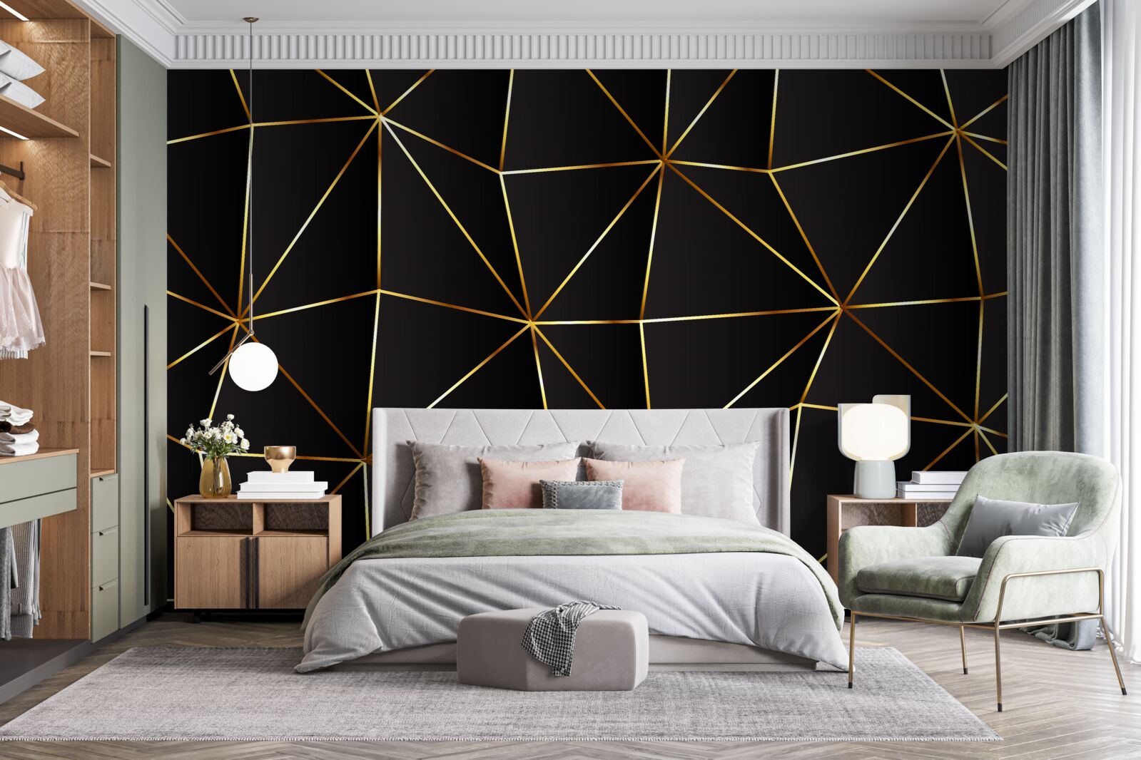 Fototapeta zlaté prvky na pozadí čierneho trojuholníka