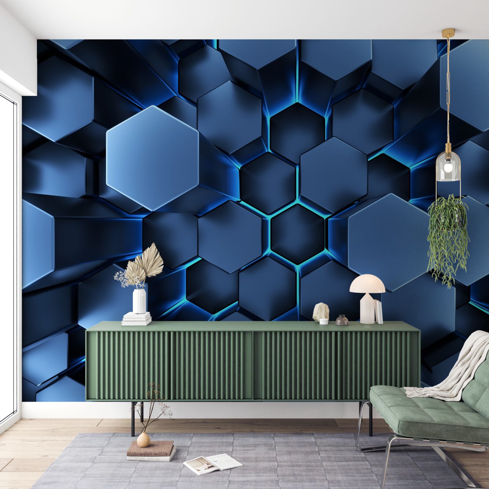 Fototapeta modré päťuholníky sú objemové