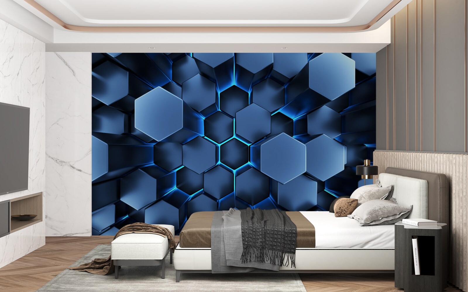 Fototapeta modré päťuholníky sú objemové