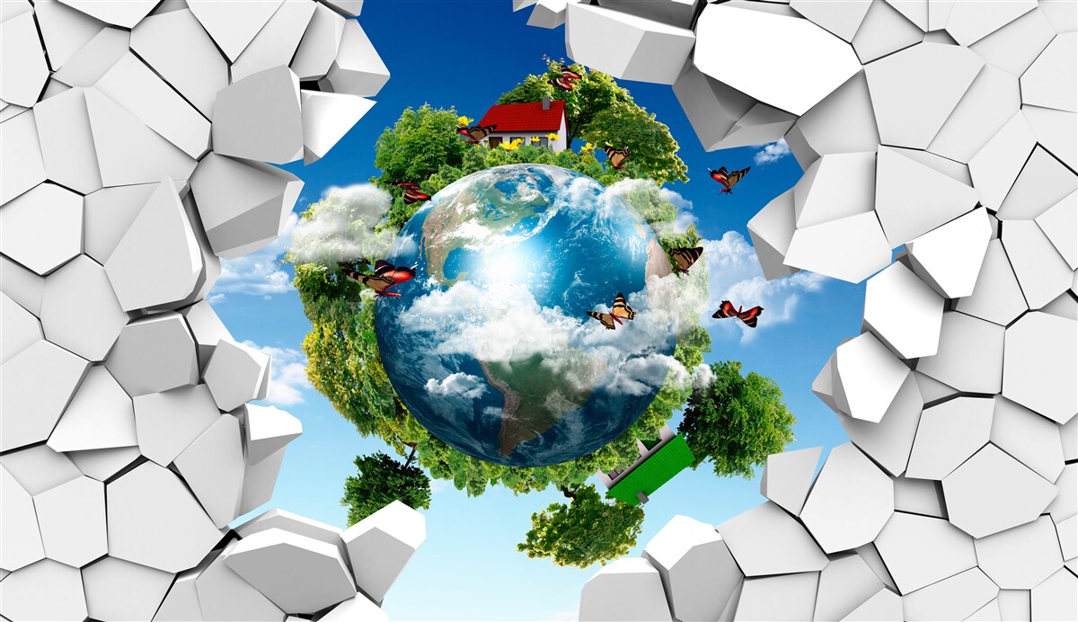 Fototapeta Stena z kameňa a planéta pokrytá zeleňou