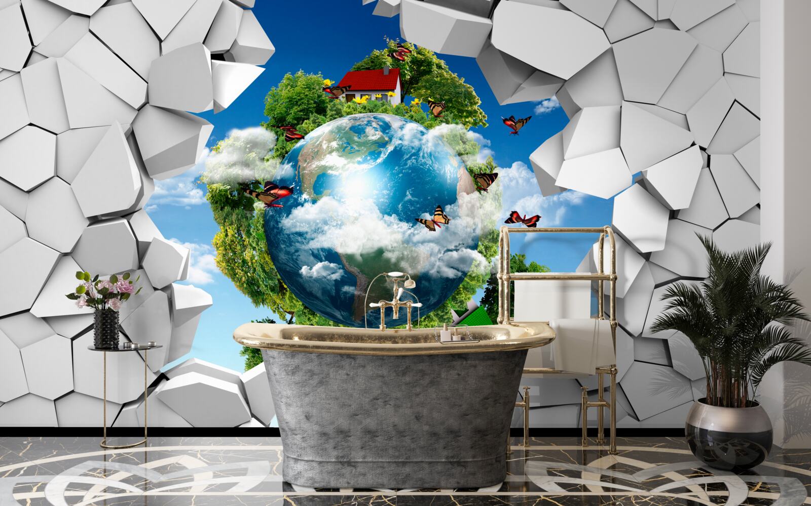 Fototapeta Stena z kameňa a planéta pokrytá zeleňou