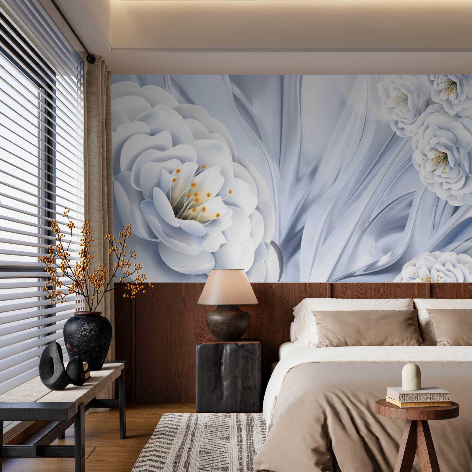 Fototapeta veľké snehovo biele puky a zelené listy