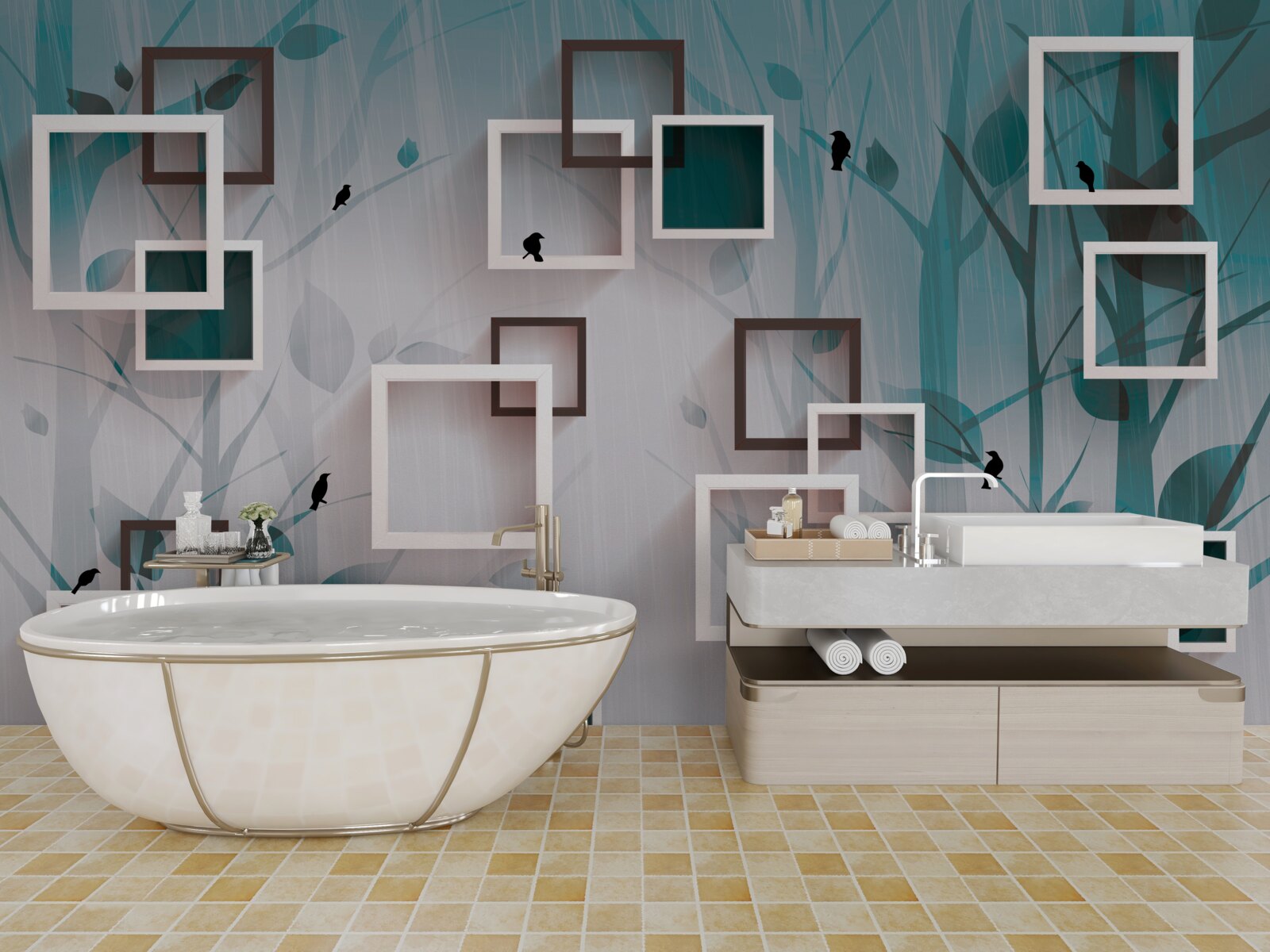 Fototapeta štvorčeky v snehobielej farbe na pozadí krajiny