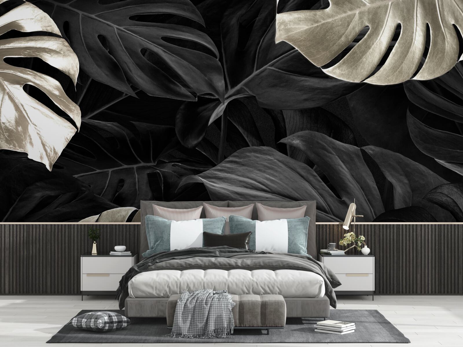 Fototapeta Snehobiele listy monstera na čiernom pozadí