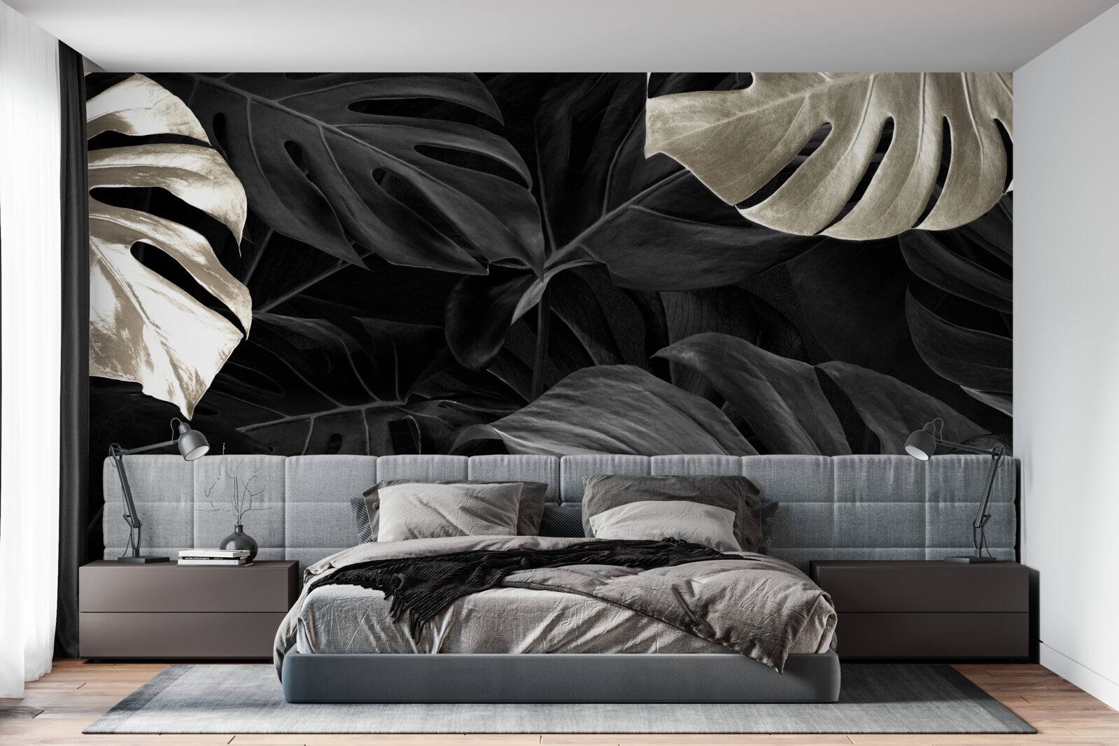 Fototapeta Snehobiele listy monstera na čiernom pozadí