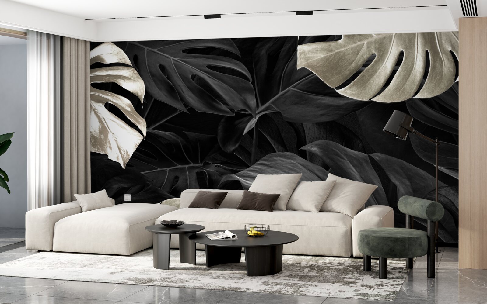 Fototapeta Snehobiele listy monstera na čiernom pozadí