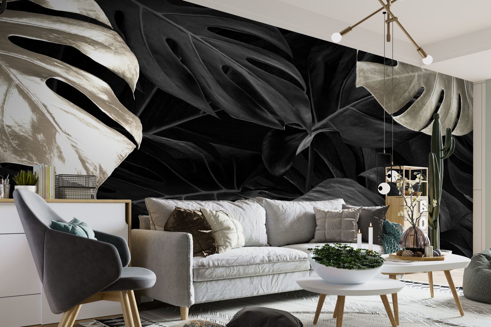 Fototapeta Snehobiele listy monstera na čiernom pozadí