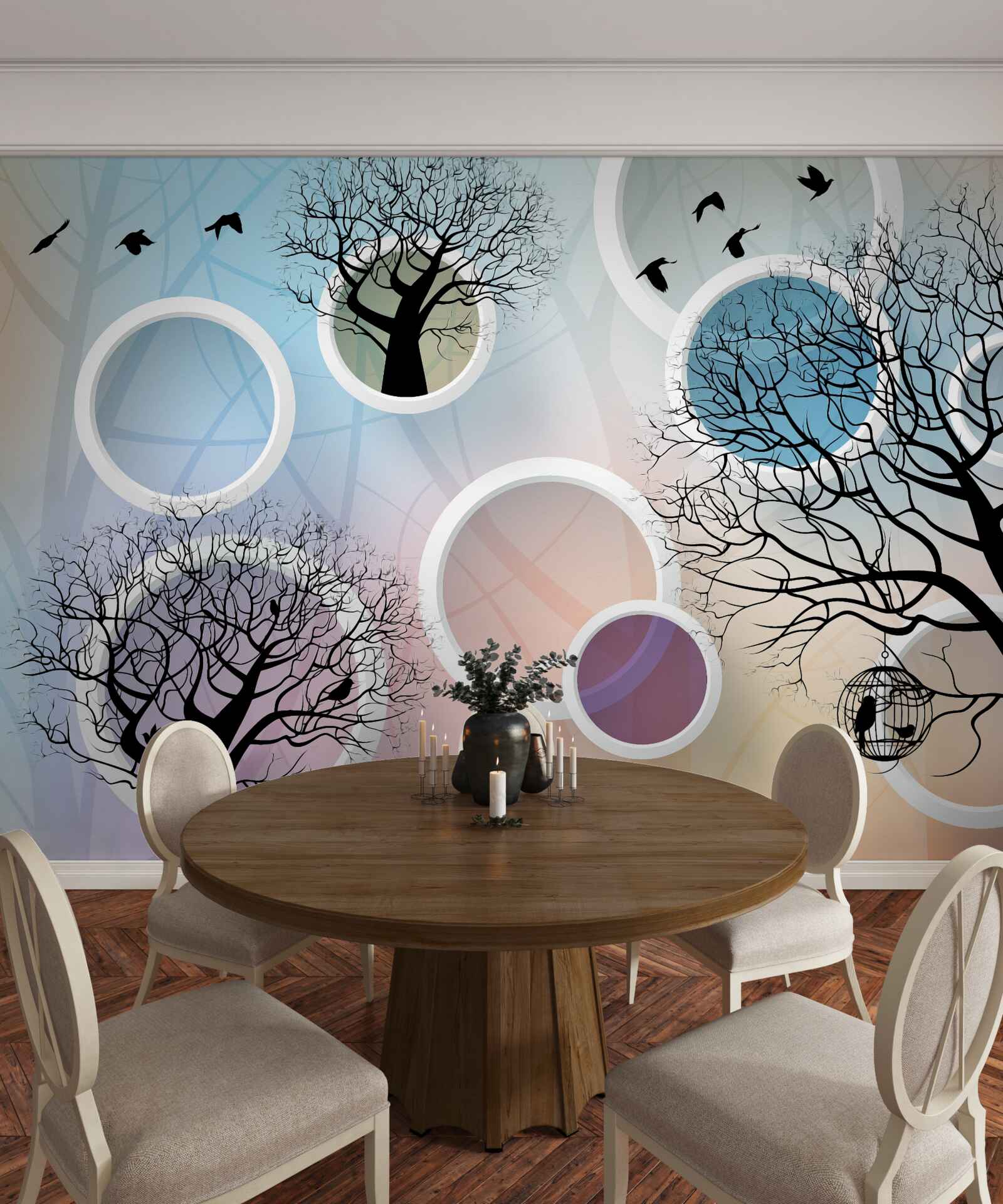 Fototapeta veľké farby zobrazujúce viacfarebné stromy a biele kruhy