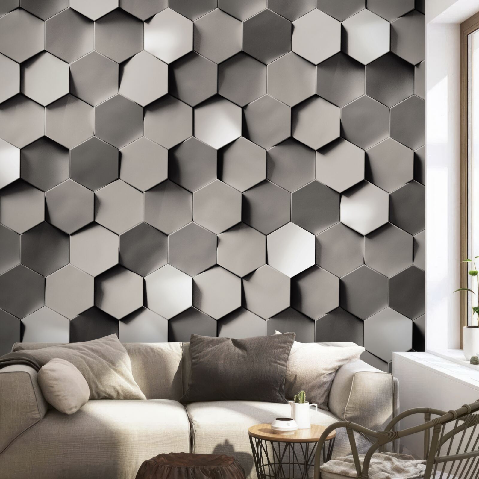 Fototapeta šedé 3D päťuholníky