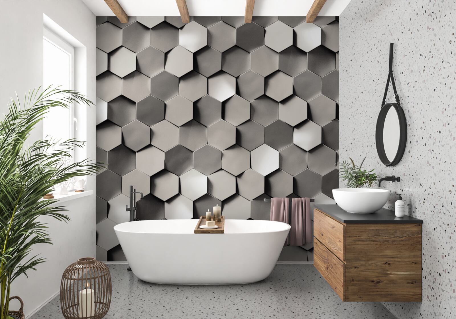 Fototapeta šedé 3D päťuholníky