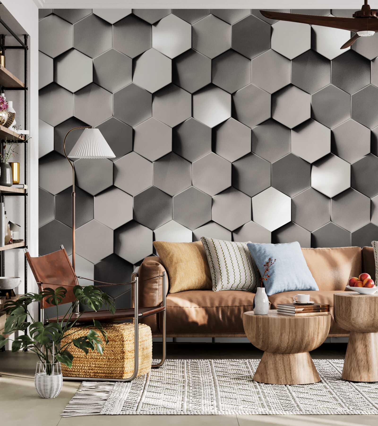 Fototapeta šedé 3D päťuholníky