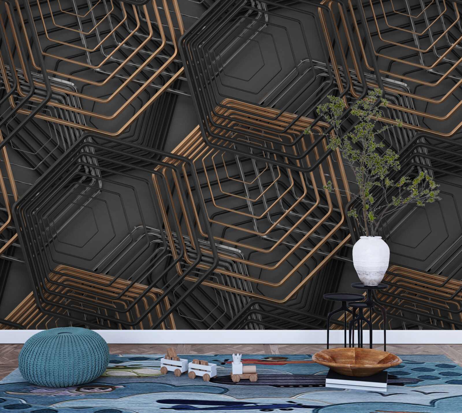 Fototapeta čierne a hnedé päťuholníky so sieťovou štruktúrou