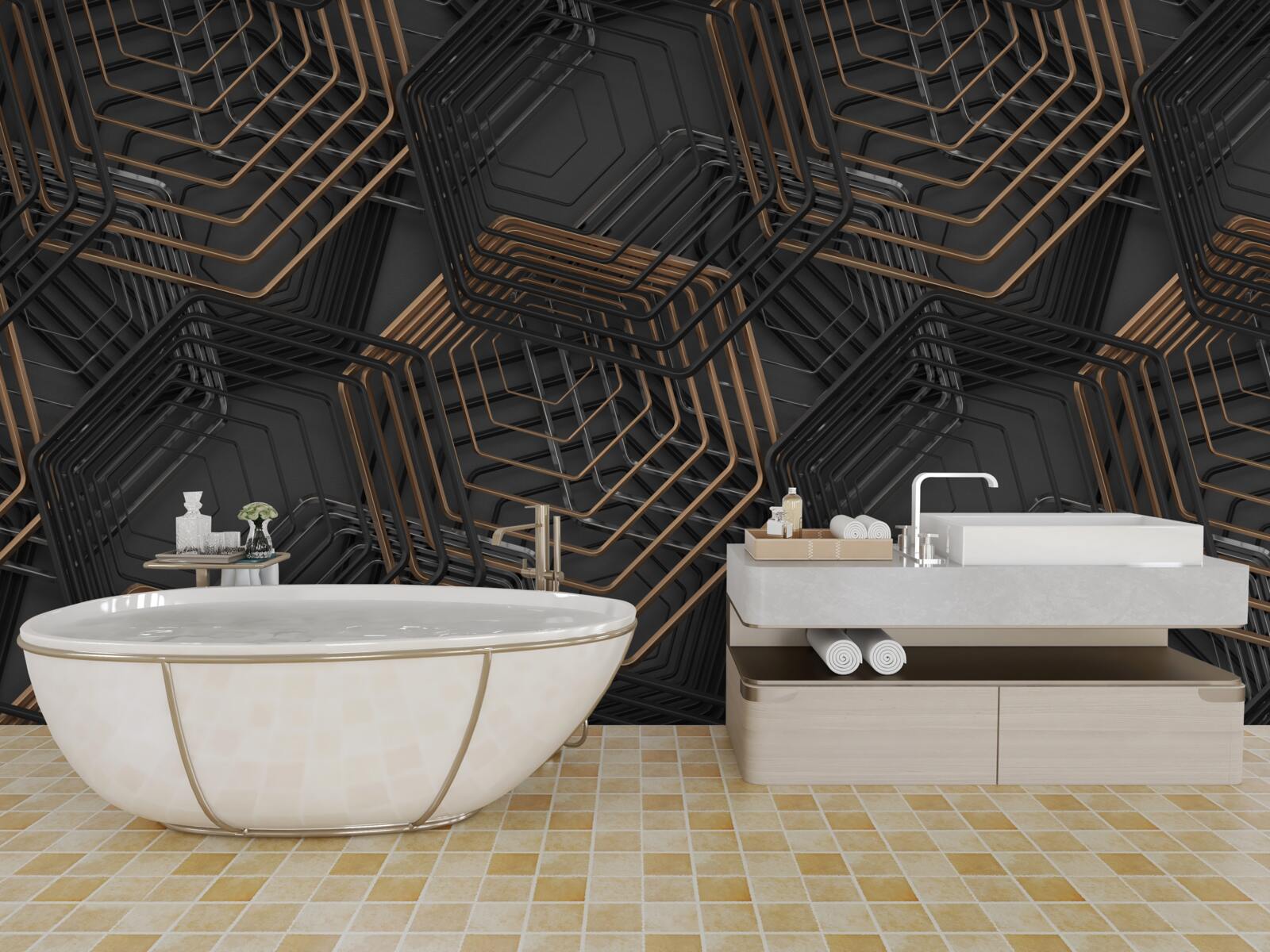 Fototapeta čierne a hnedé päťuholníky so sieťovou štruktúrou