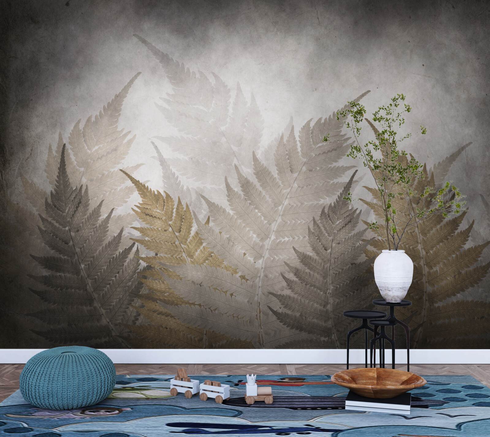 Fototapeta listy paprade zahalené v hmle v lese