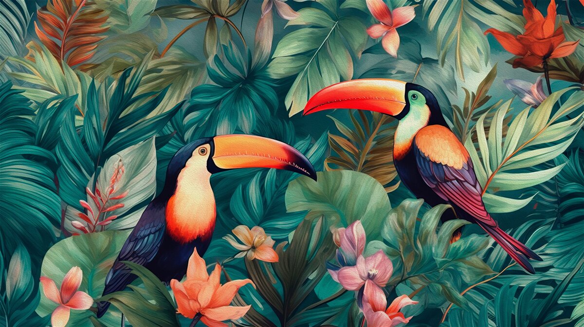 Fototapeta veľké papagáje medzi listami