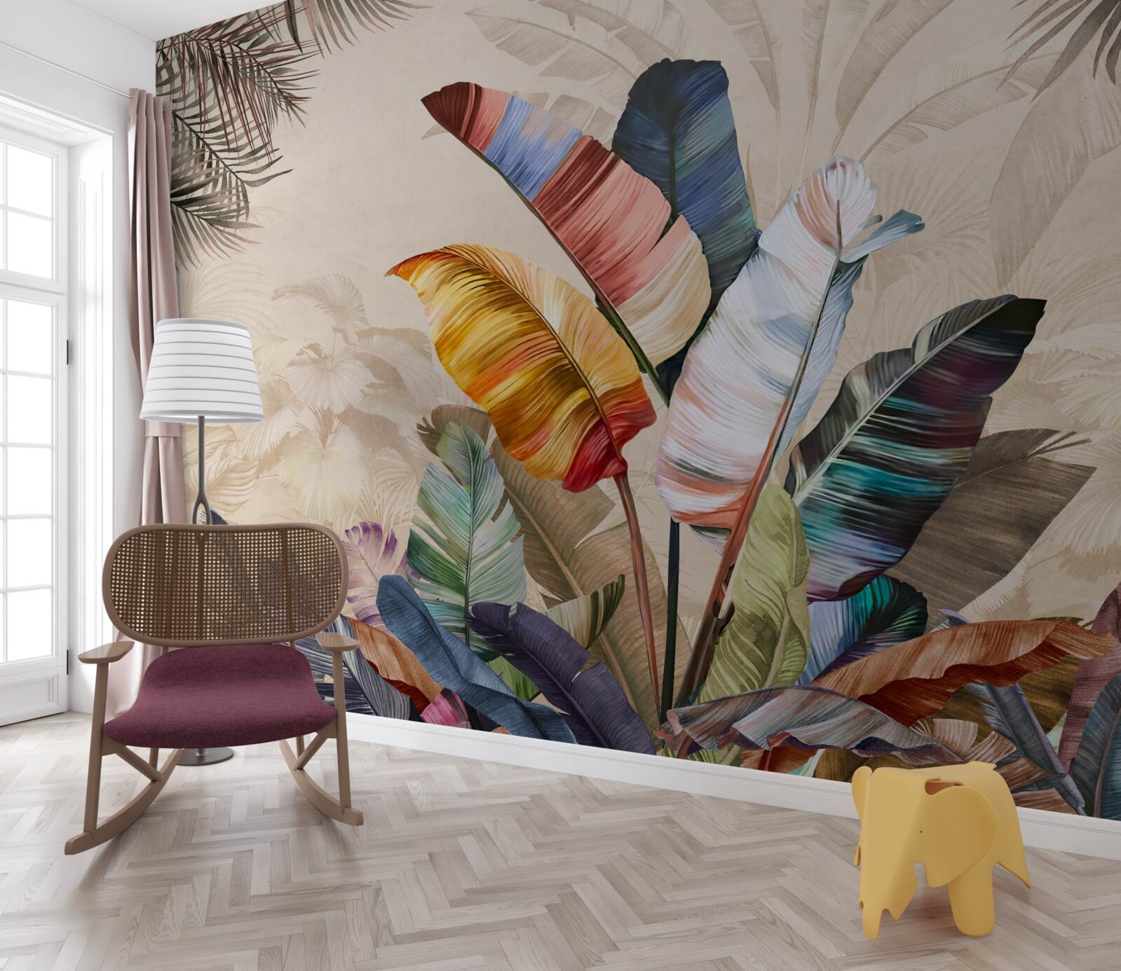 Fototapeta tropické listy v sýtych farbách a papuľka