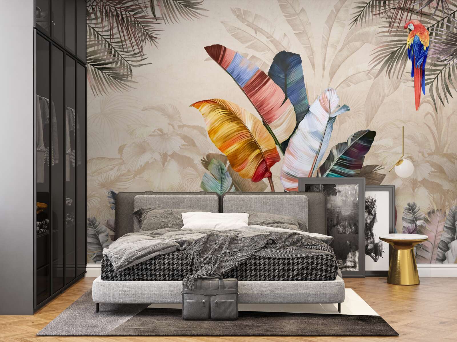 Fototapeta tropické listy v sýtych farbách a papuľka